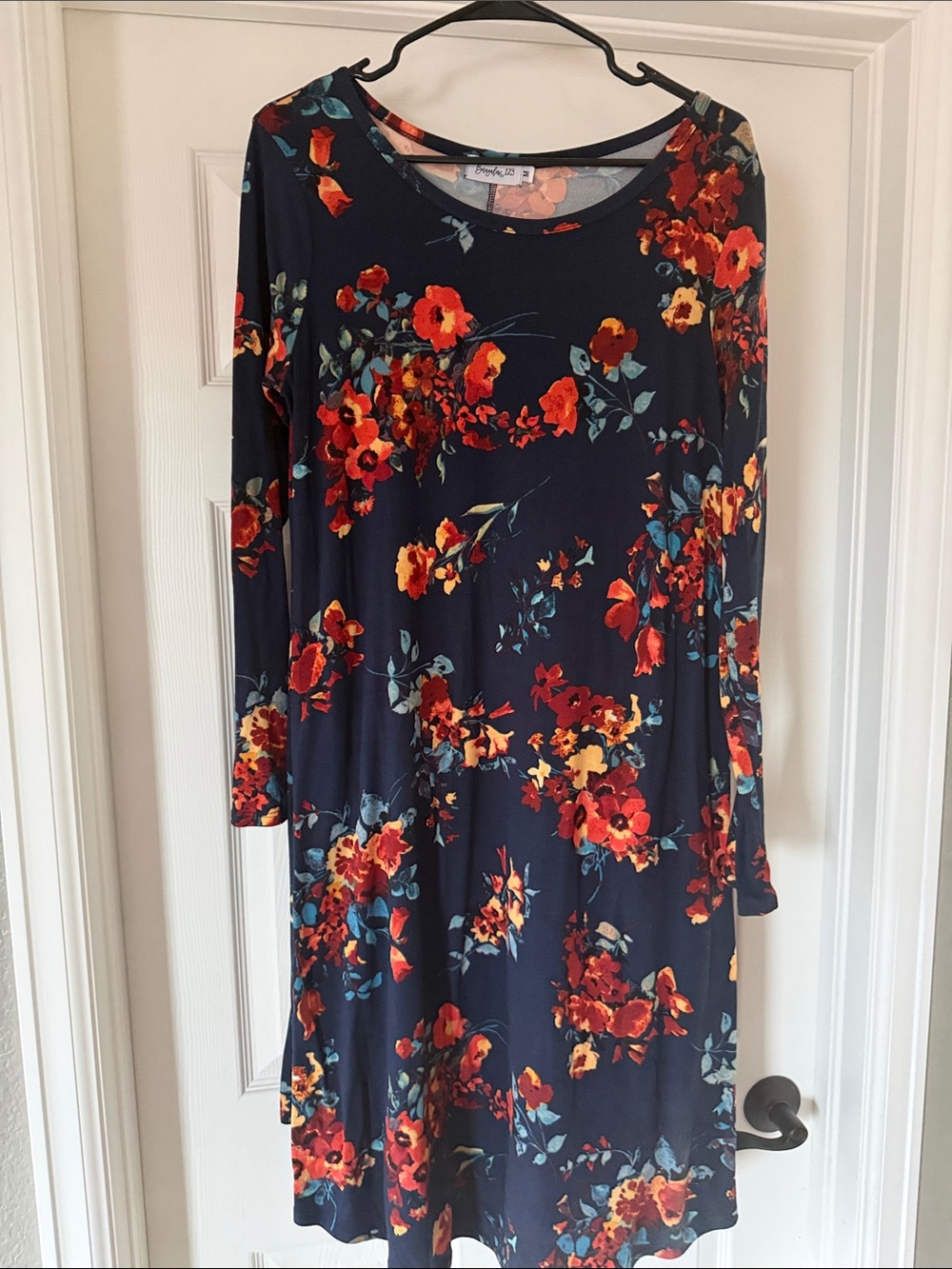 Long-Sleeve Navy Floral Swing Dress in Red & Orange Bloom